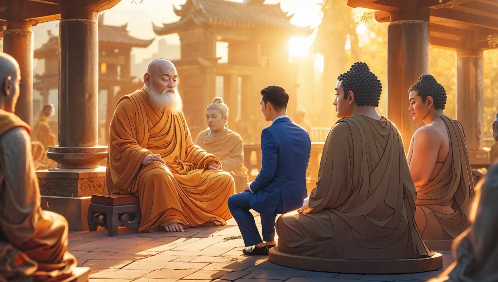Ancient philosopher guiding modern business leader in golden light, symbol of ethical ancient leadership wisdom