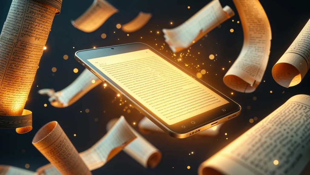 Blending heritage and innovation - Scrolls transforming into glowing digital tablets, fusion of classical wisdom and modern technology