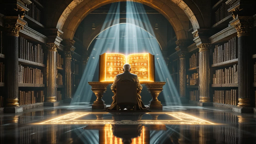 Illumination through learning - Leader reading glowing book in ancient library, light symbolizing insight