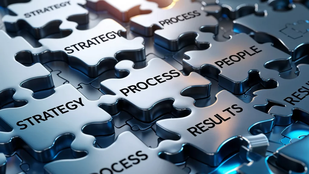 Metallic puzzle pieces labeled strategy, process, people, results interlocking