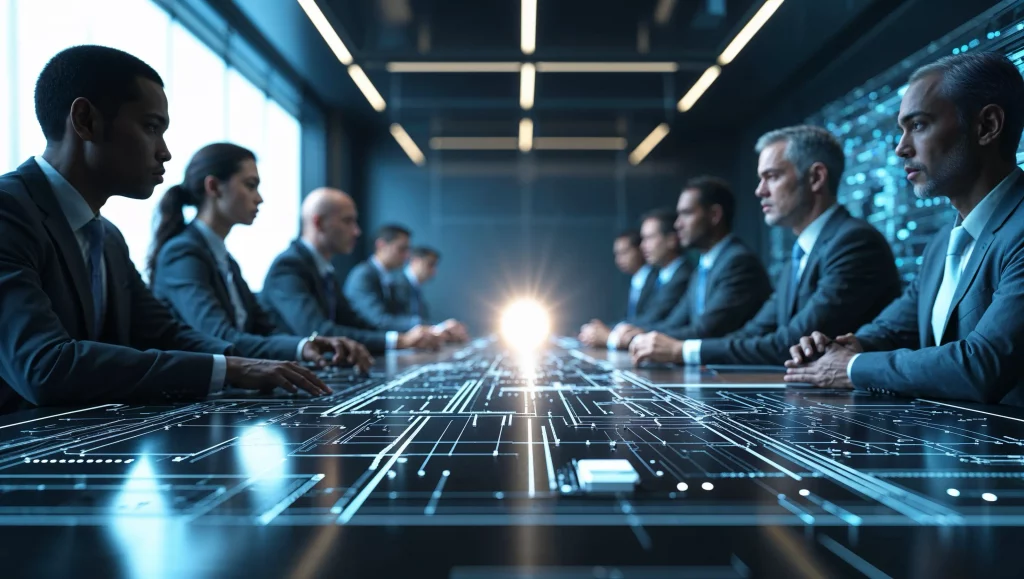 Boardroom meeting overlaid with glowing digital circuits - indicating business excellence mastery