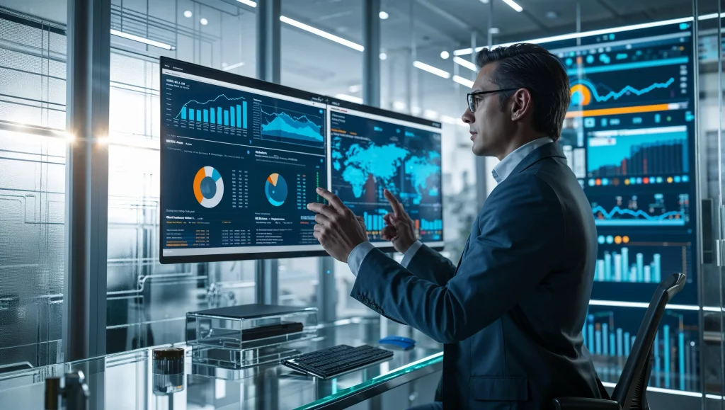 Executive reviewing precision data dashboards in modern glass office, business excellence mastery in daily reality