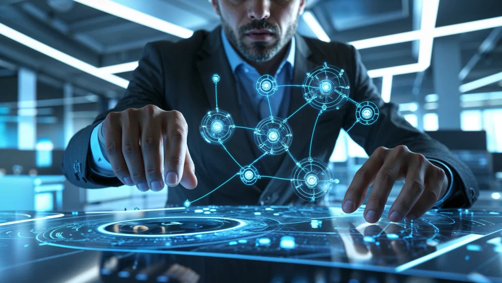 Professional aligning holographic workflow nodes in blue light - prepare for the future of process automation