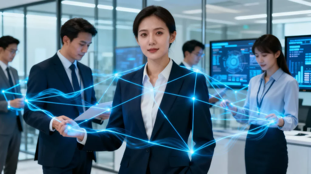 Modern Business Office with multiple glowing paths representing possible futures