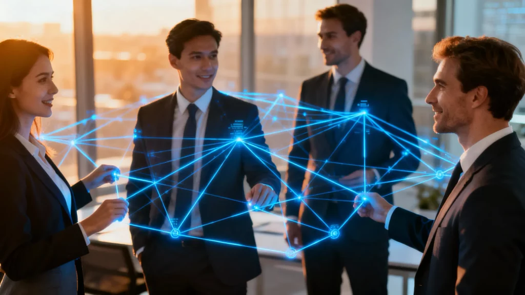 Agile team collaborating around holographic strategy wall in teal light - future-ready organization