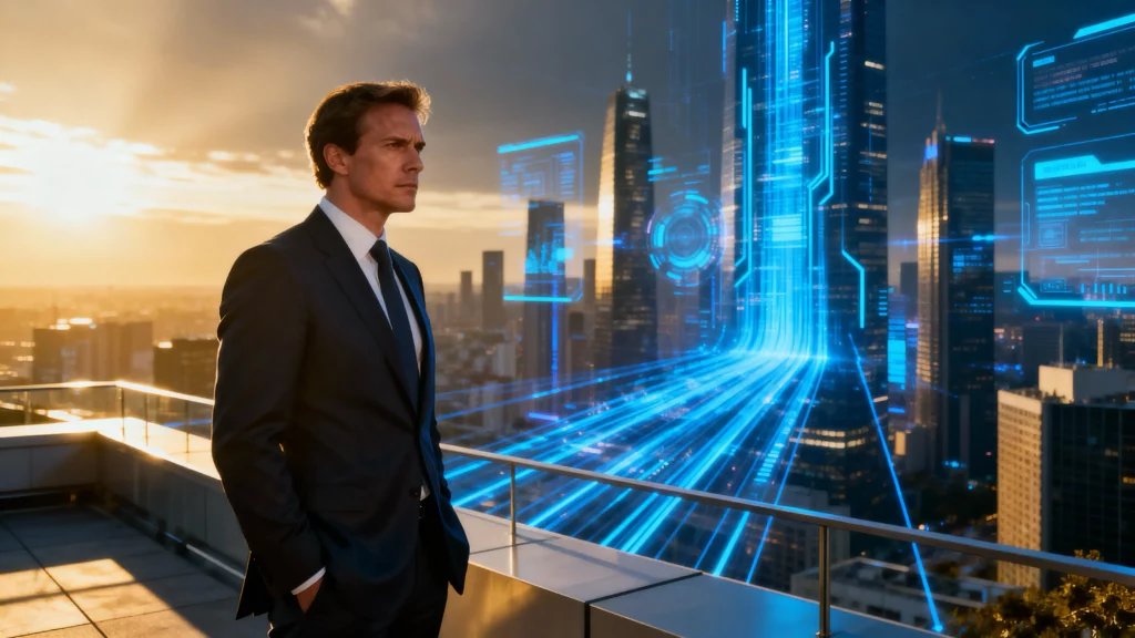 Leader overlooking city of flowing data streams showing anticipation of a future-ready organization