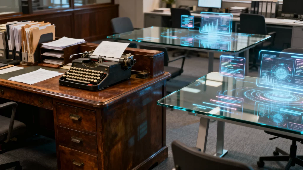 Office space morphing from analog to digital architecture symbolizing digital transformation