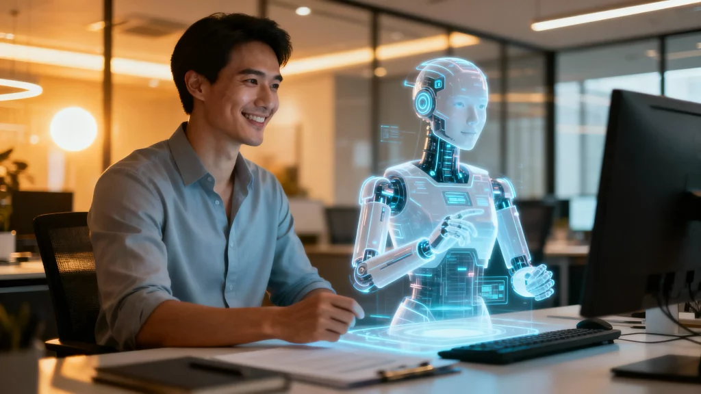 Human-AI collaboration: Professional interacting with a holographic robot.